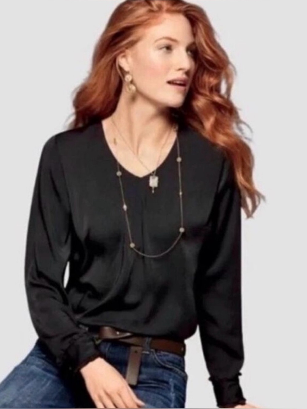 CAbi Classic Black V-Neck Blouse with Ruffled Cuffs